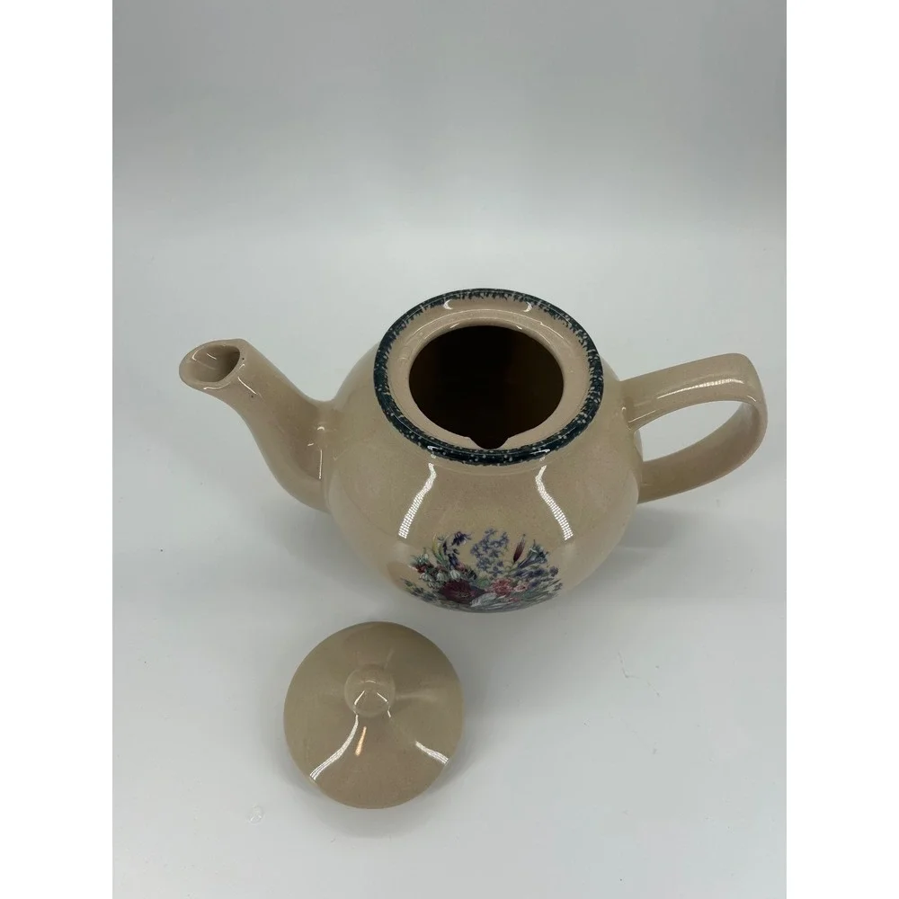 Home & Garden Party Ltd 2002 Floral Teapot Beige Stoneware Cottagecore